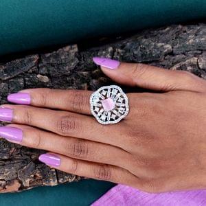 Rhodium Finger Ring Baby Pink Stone Studded