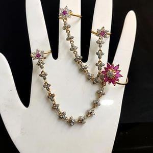 Trendy 4 Finger Ring Floral Chain Designed Golden Toned