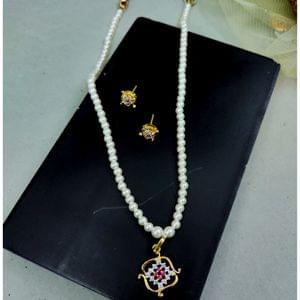 Pearl Mala With AD Pendant-Earring Set
