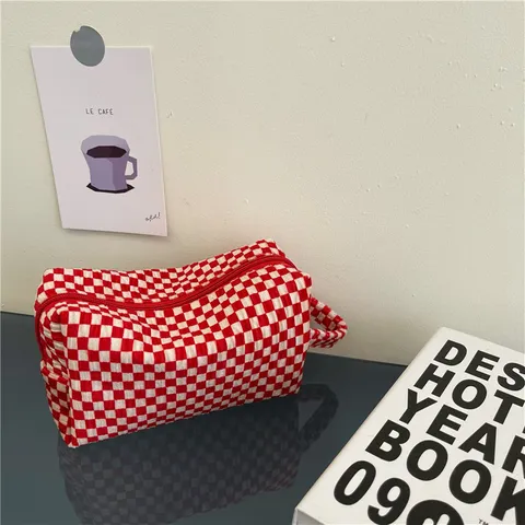 Checkered Printed Pattern Pen Case, Cosmetic Storage Bag, Makeup Bag for Women